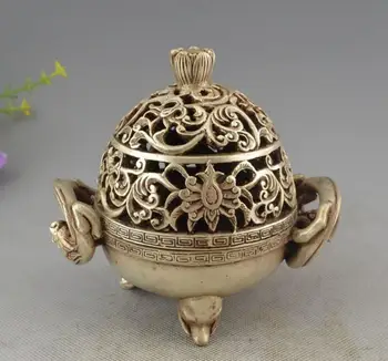 

China old silver finely carved dragon fish flower censer incense burner