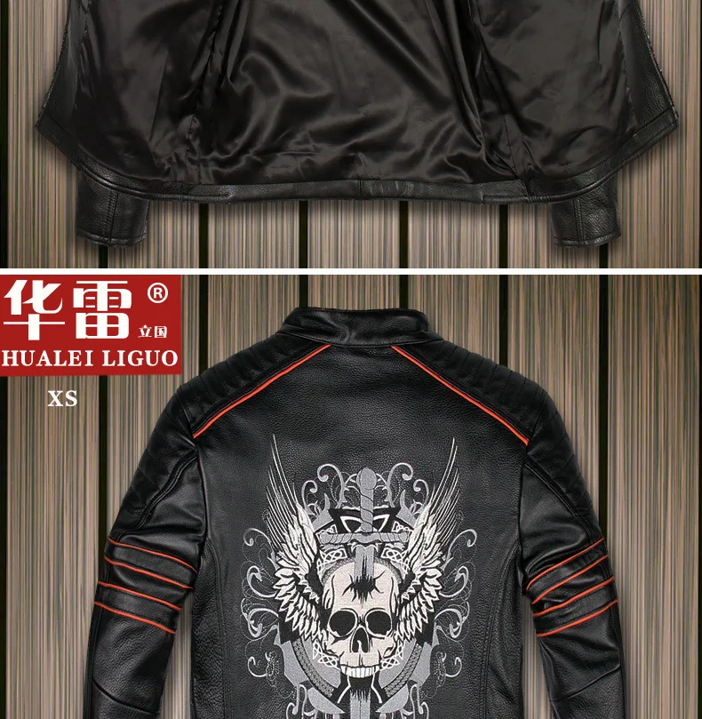 Черная Мужская Байкерская кожаная куртка с вышивкой черепа размера плюс XXXL из натуральной воловьей кожи приталенная короткая мотоциклетная куртка