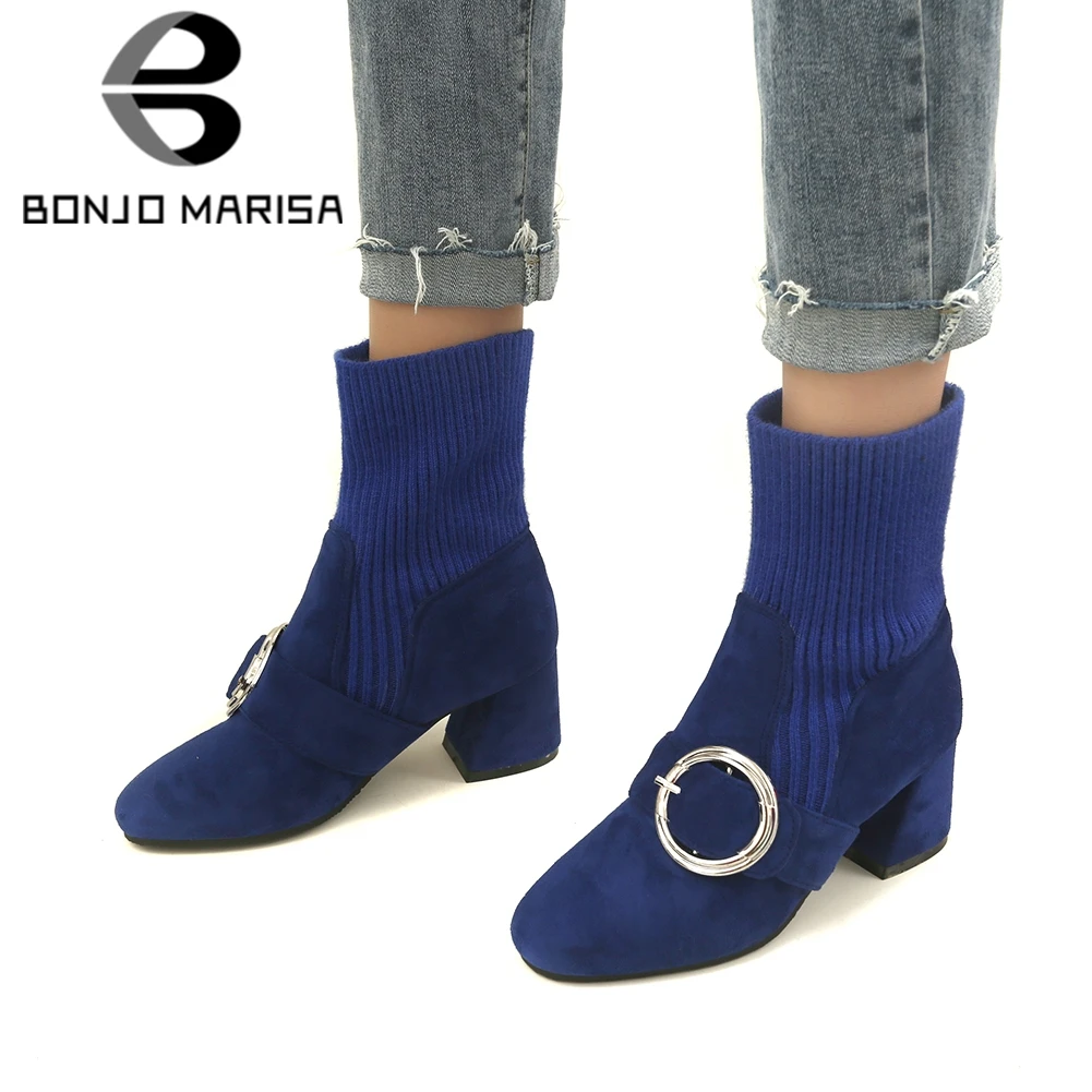 

BONJOMARISA 2019 Spring Autumn Dropship 32-46 Women Ankle Sock Boots Ladies Elegant Buckle Stretch Boots High Heels Shoes Woman