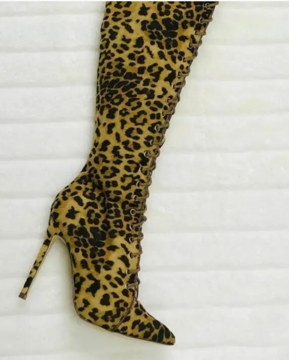 12 см Сталь Позолоченные каблуки сапоги до бедра Для женщин пользовательские широкий облегают ногу на шнуровке сапоги