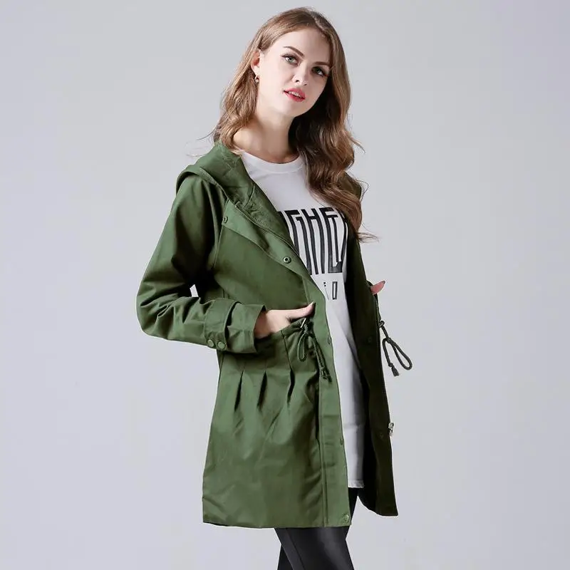 Autumn Army Green Women Coat Harajuku Straight Long Windbreaker Jacket Ladies Casual Hooded
