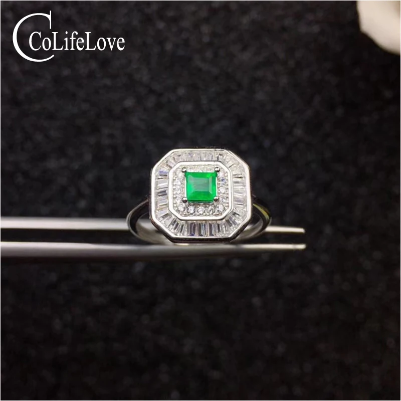 

Genuine Zambia emerald silver ring for engagement 4 mm * 4 mm natural emerald ring solid 925 silver SI grade emerald jewelry