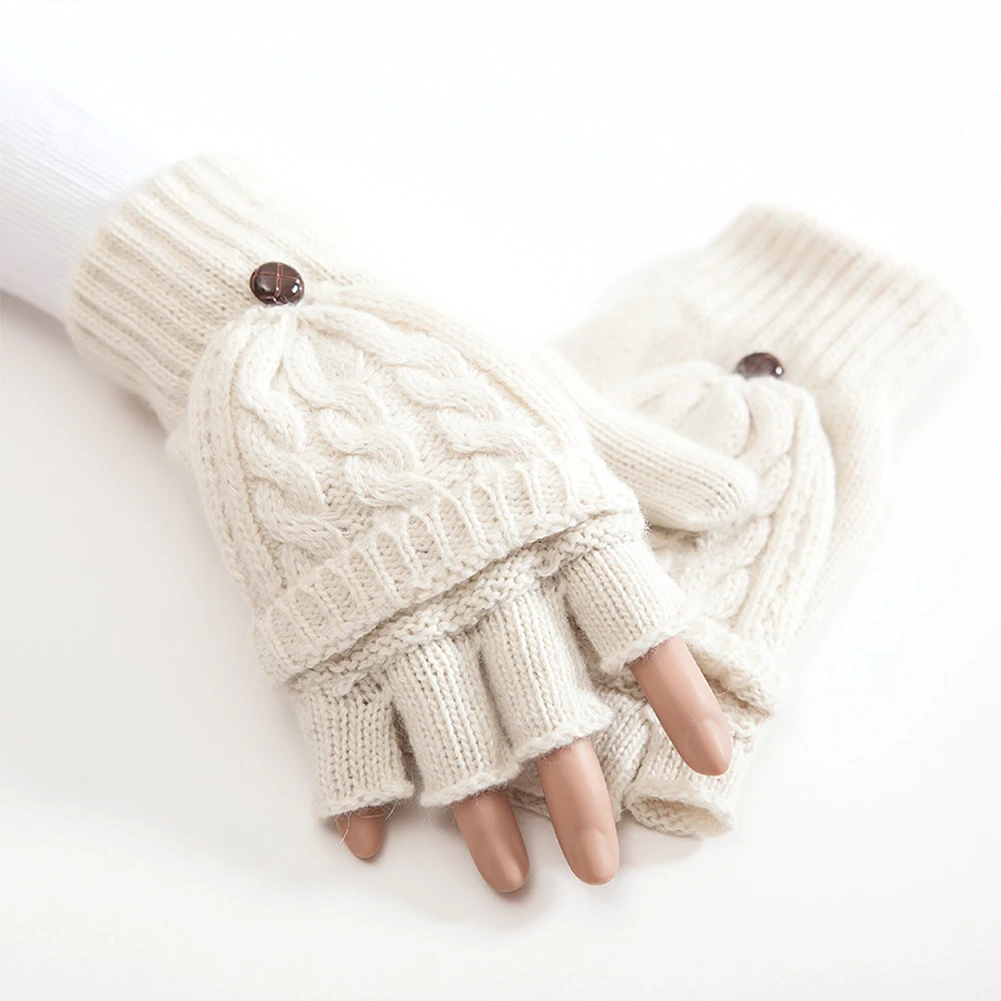Женские утепленные Варежки перчатки с откидным верхом осень-зима трикотажные половинчатые пальчиковые руки теплые подарок искусственная шерсть термо мягкие 1 пара - Цвет: Бежевый