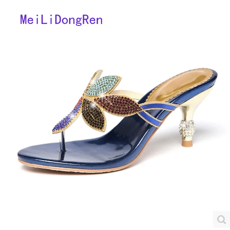 

High Heels Sandals Women 2017 Genuine Leather Flip-flops Ladies Slippers Women Shoes Sandals With Rhinestones Sandalis
