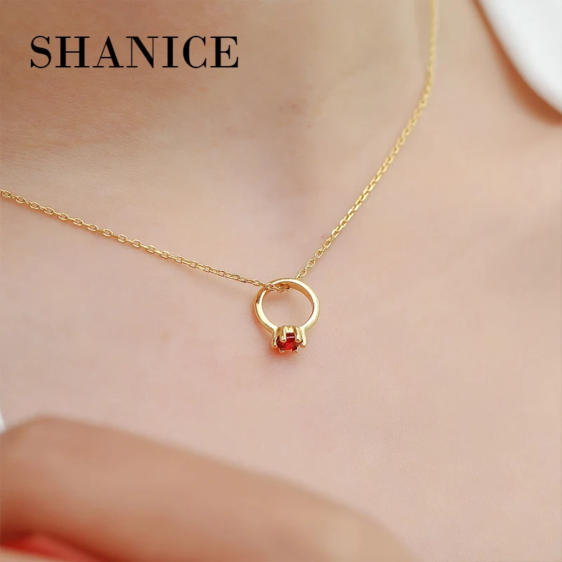 

SHANICE Circle Pendant Necklace Office Lady Genuine 925 Sterling Silver Chain Necklaces Red AAA+ CZ Cubic Zirconia Fine Jewelry