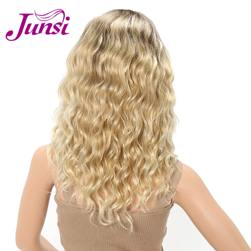 JUNSI Long Curly Wigs for Women Ombre Brown to Light Blonde Wigs Dark Roots Synthetic Hair Heat Resistant Fiber Full Wig (6)