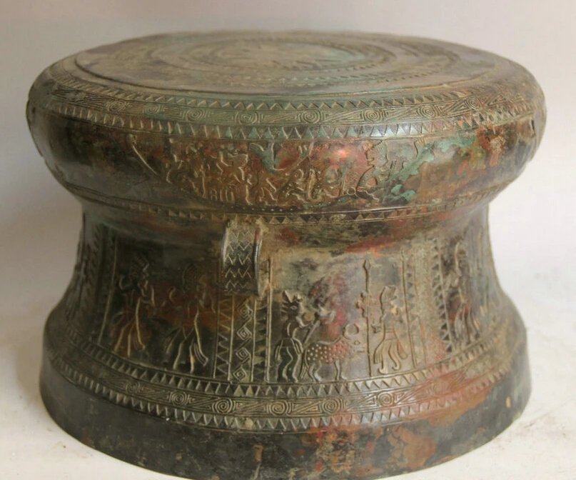 

150610 S1365 11" Old Chinese Bronze circular handle Egypt people Beast tablet Chair stool