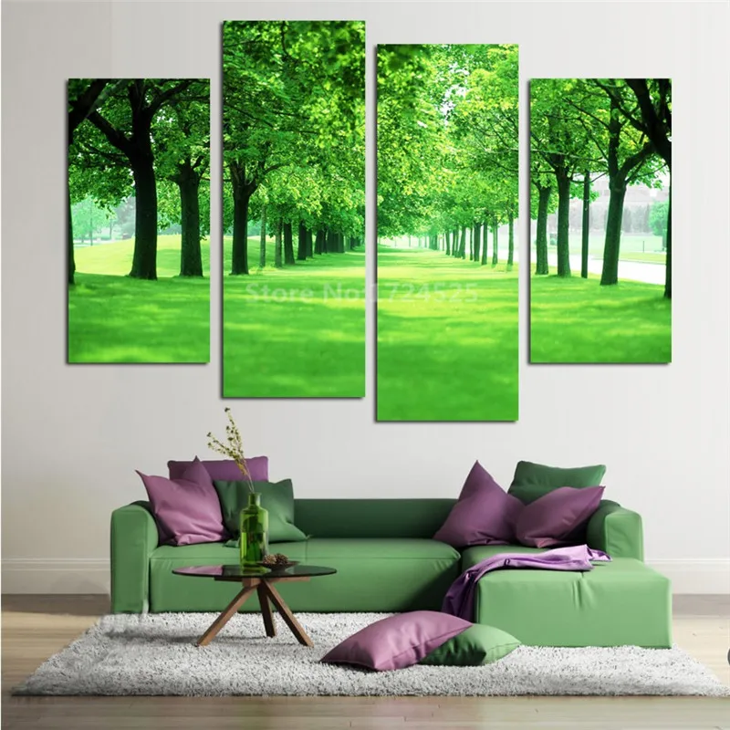 Wall-Sticker-4-Panel-Green-Tree-Canvas-Painting-Picture-Cuadros-Printed-Landscape-Painting-Living-Room-Modern