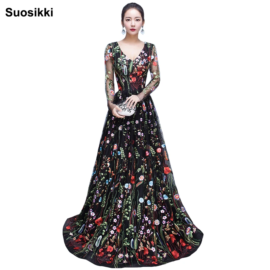 Personalized Embroidered Long Sleeved Evening Dress Party Midi Dress Evening Dresses