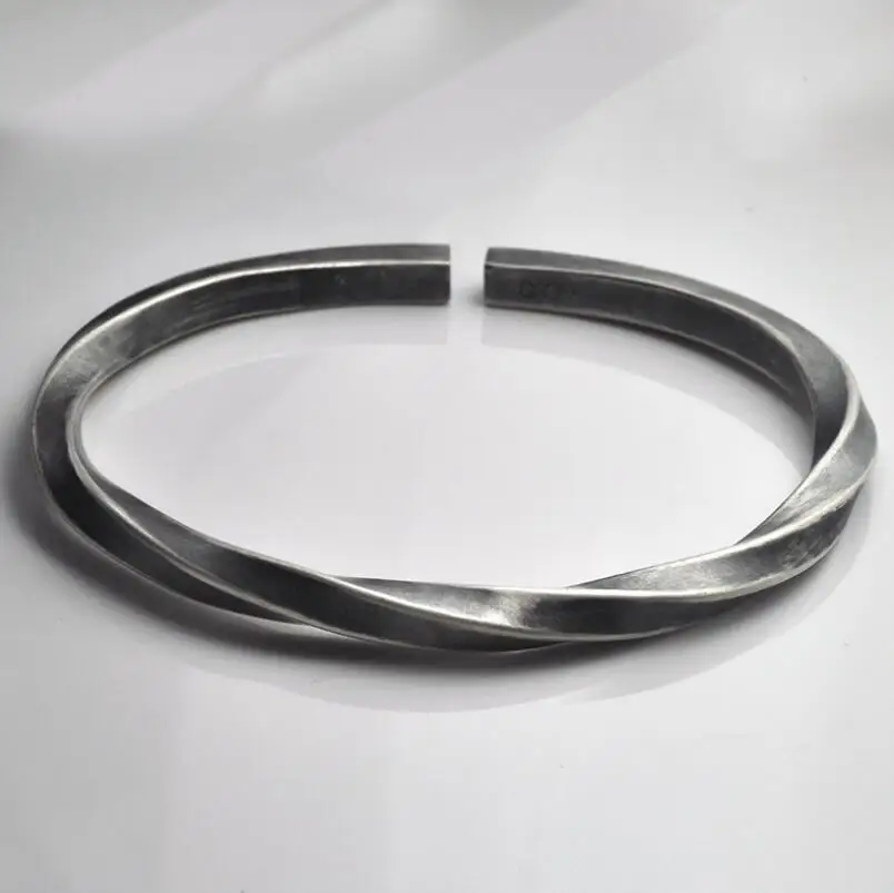 

999 sterling silver bracelet vintage handmade old solid men's open bangle (HY)