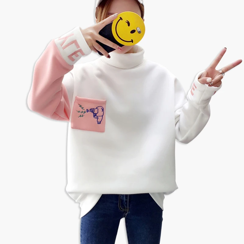 

2018 Korean New Women's Hoodies Embroidery Letters Plus Velvet Thicken Hoodie High Collar Loose Tops Autumn Winter Sweatshirts