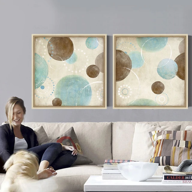 Light Blue Beige Brown Circles Modern Abstract Painting Canvas Wall Art