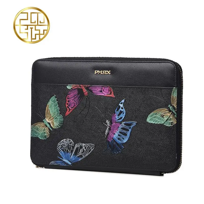 

free delivery 2016 China Wind butterfly stamp packet Mini-clutch Genuine Leather Women's Bag