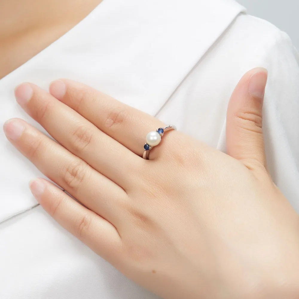 Lohaspie Solid 925 Sterling Silver 100% Natural Freshwater Pearl & Blue Sapphire Wedding Ring For Women's Fine Gemstone Jewelry