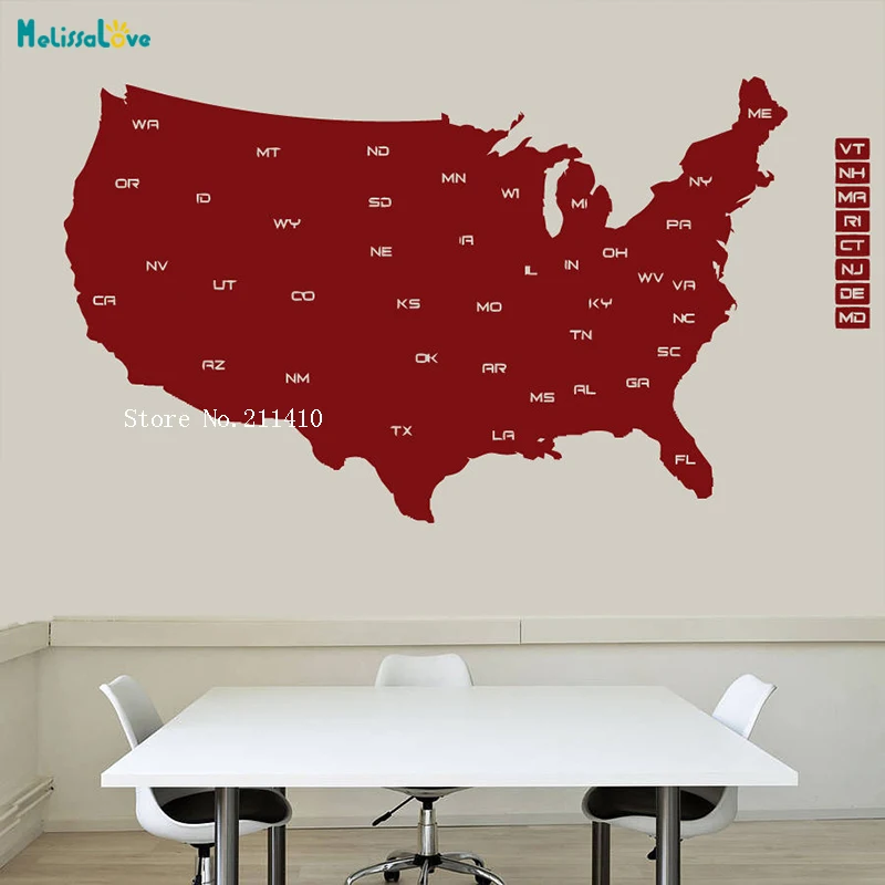 Detailed Map Vinyl Wall Sticker Map of The USA Mural Modern Country