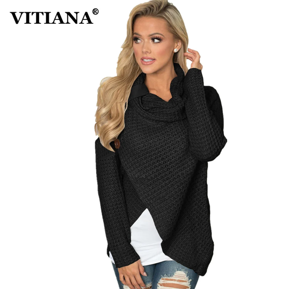 

VITIANA Women Autumn Winter Casual Sweaters Pullovers Female Long Sleeve Scarf Collar Soft Knitted Black Elegant Loose Sweater