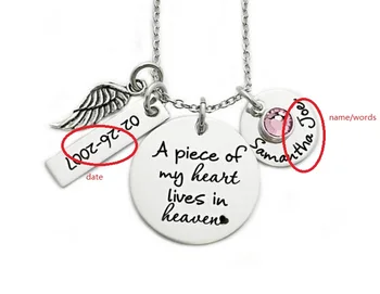 

Personalized Memorial Necklace name or words A Piece of My Heart Lives In Heaven Miscarriage Remembrance Necklace N288
