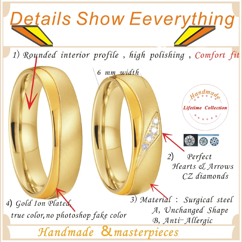 Gold color Promise Alliances Men's Ring Women's Ring fashion jewelry Wedding Band Couple Rings pair set anel anillos bijoux (7)