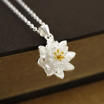 1Pcs New 925 Silver Lotus Necklaces for Women Elegant Vivid Lotus Flower Pendant Necklaces Fashion Wedding Party Gifts Jewelry