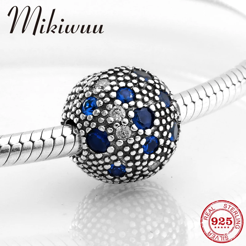 

Fashion 925 Sterling Silver Blue zircon round shape Diy Clips Beads Jewelry Making Fit Original Pandora Charms Bracelet