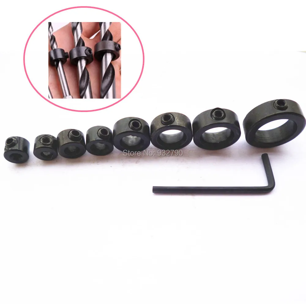 

8pc 3-16mm Drill Bit Stop Collars Set Exact Hole Depth Bits Drill Bit Shaft Depth Stop Collar Clamp Positioner +1pc Hex Wrench