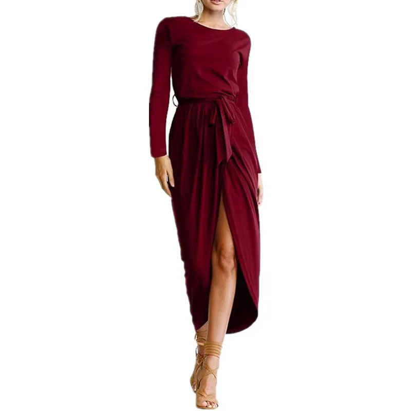 

Fashion elegant women's clothing Explosion European Round Neck Easy Long Sleeve Irregular Dress, red/navy/black/navy