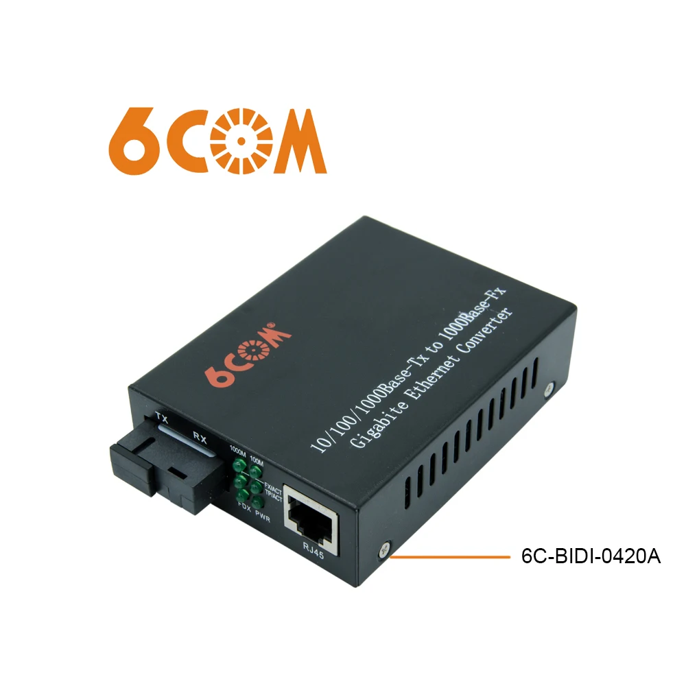 

6COM One Gigabit Ethernet Media Converter, 1.25Gb/s, BIDI SMF SC fiber, 10/100/1000Base-TX to 1000Base-FX, 6C-BIDI-0420A, 20km