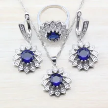 Необычные круглой формы в форме цветка Для женщин костюм 925 серебро Голубой цирконий Ювелирные наборы серьги/Цепочки и ожерелья& Подвески с проволочных гвоздей Размеры 6/7/8/9/10 S68
