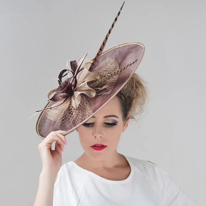Brand 3 Colors European Large Flower Feather Mesh Wedding Hat Women Brand 3 Colors European Large Flower Feather Mesh Wedding Hat Women Vintage Sinamay Fascinators Hair Clip Dress Headpiece In Accessories From