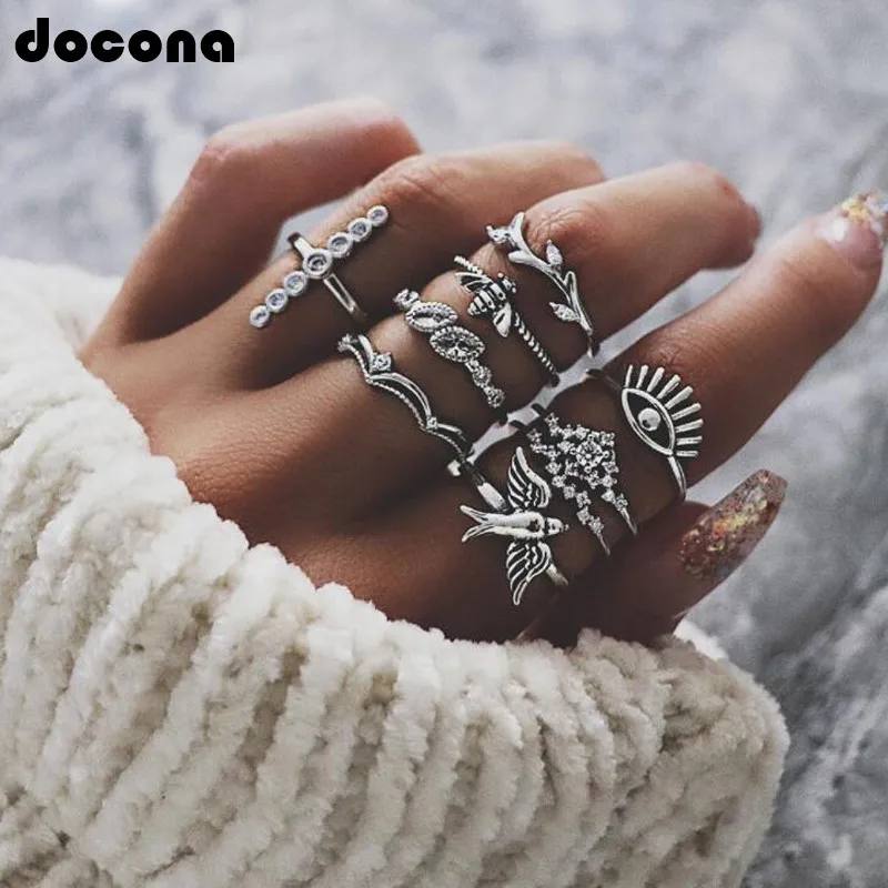 

Docona Vintage Exaggerated Turkey Eye Cross Bird Crown Ring Sents For Women Silver Crystal Tree Branch Bee Punk Boho Jewelry5344