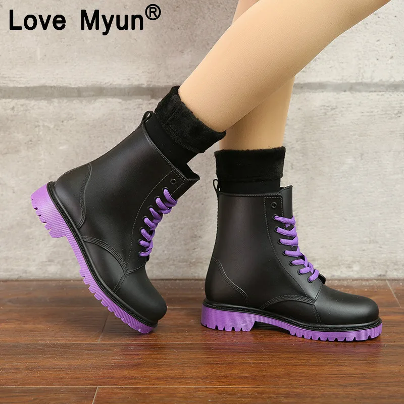

2019 Rain Boots Waterproof Shoes Woman Water Rubber Lace Up Martin Boots Sewing Solid Flat with Shoes Boots Women ghn7