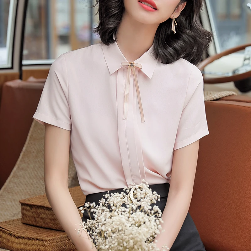 

women clothes 2019 pink shirt summer fashion formal short sleeve slim blouses office ladies work plus size elegant tie tops