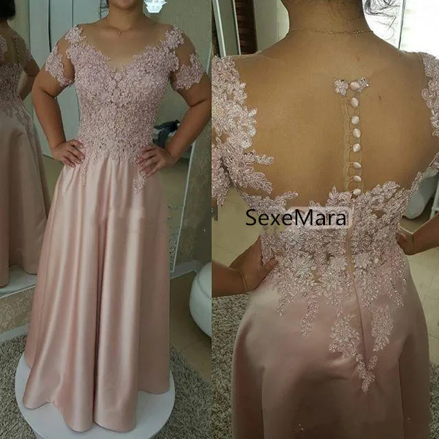 

Pink Mother Of The Bride Dresses Sheer Neck Short Sleeve Illusion Bodice Appliques Beads Women Formal Prom Party Gowns Plus Size