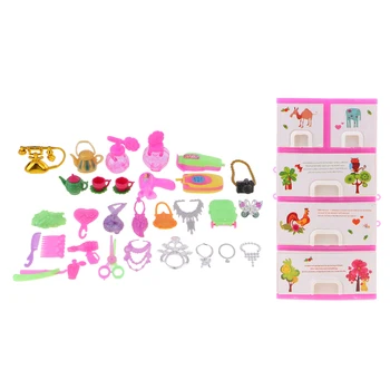 

31 pieces/Set Dolls Storage Cabinet Makeup Tea Set Dress Up Doll House Accs