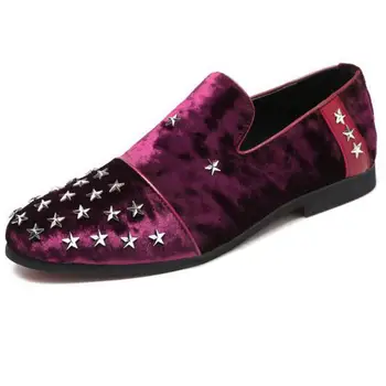 

37~48 Plus Size Mens Star Pattern Suede Loafer Formal Shoes Men Slip On Flats Driving Loafers Red Patchwork Dress Wedding Shoe