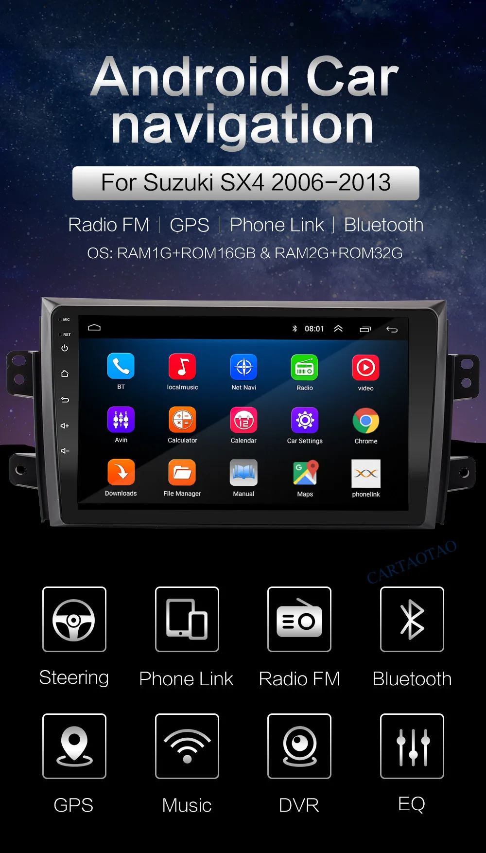 Perfect Android 8.1 OS 9 inch touch screen car radio player 2DIN Android car radio navigation multimedia player For Suzuki SX4 2006-2013 0