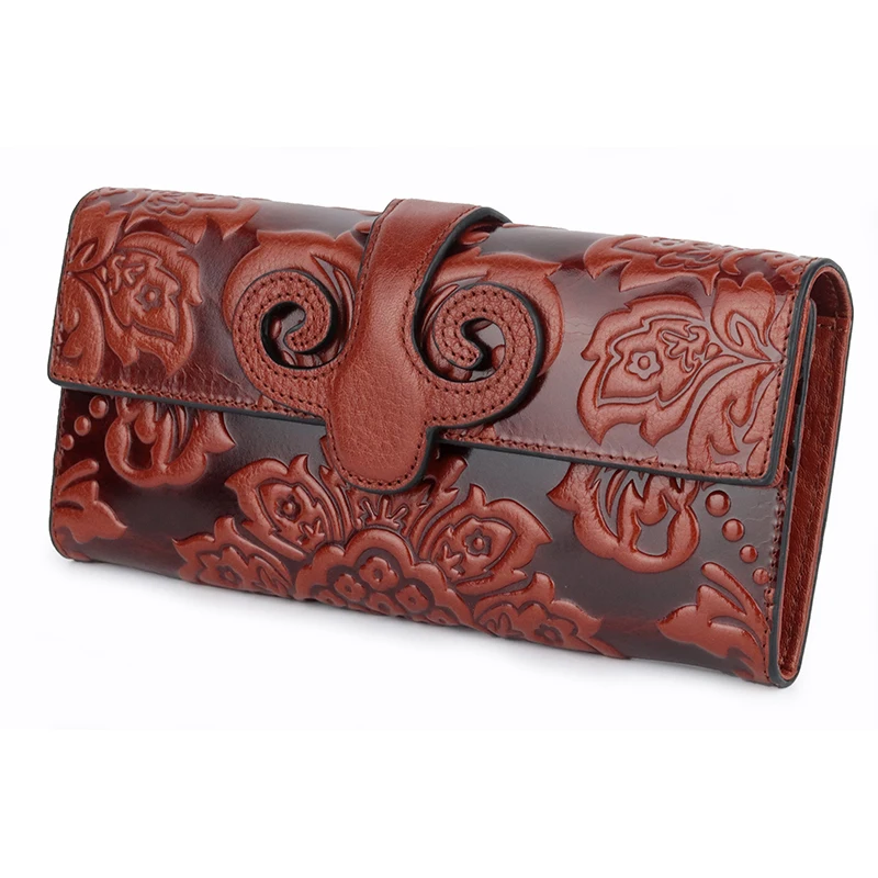 

New Arrival Large Capacity National Style Ladies Multi-function Purse Luxury Cowhide Leather Long Embossed Flower Women Wallets