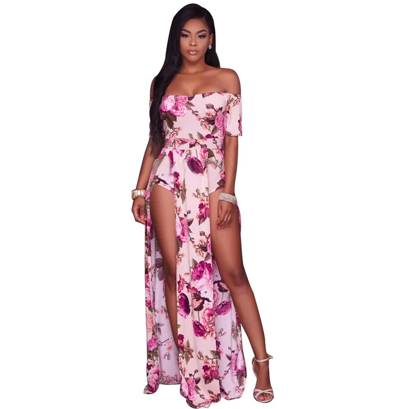 Summer Pink Floral Print Maxi Long Dress Women Sexy Off Shoulder Slash Neck High Split Skinny Dress Casual Nightclub Dresses 2XL long-floral-maxi : image Summer Pink Floral Print Maxi Long Dress Women Sexy Off Shoulder Slash Neck High Split Skinny Dress Casual Nightclub Dresses 2XL long-floral-maxi