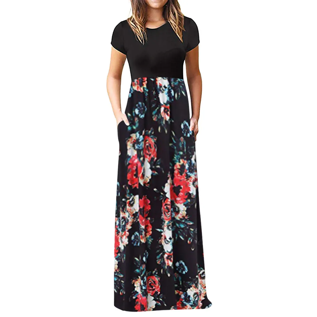 Women Dress Short Sleeves O Neck Patchwork Women Dresses Floral Printed Draped Vestidos Female Long Maxi Dress Casual Robe 5.22
