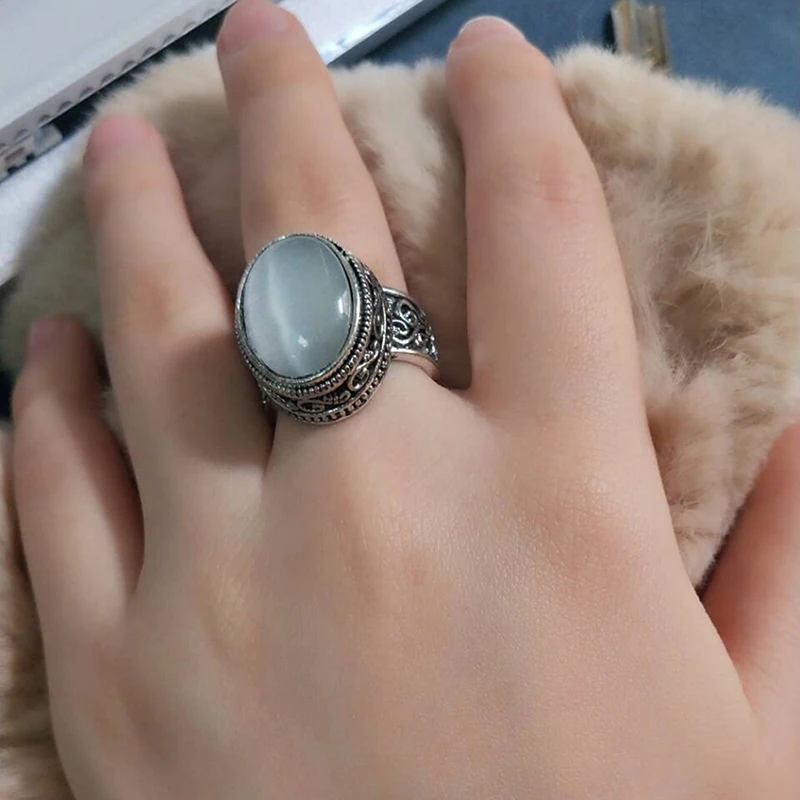 Богемные винтажные овальные кольца с лунным камнем для женщин Ретро, тибетский античный серебряный резной палец кольцо хорошее ювелирное изделие подарок O5S096