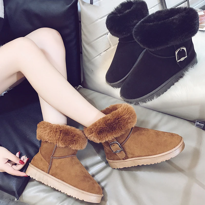 HEE GRAND Buckle Faux Suede Leather Women Winter Snow Boots Warm Girl Platform Ankle Boots Slip On Plush Fur Shoes Women XWM281
