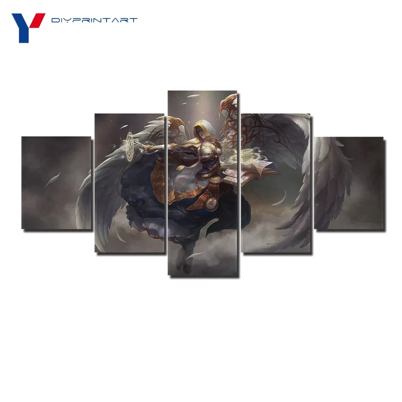 

White Angel Wings Blood Elf Priest 5 Panel Modern Wall Art World of Warcraft Game Poster Living Room Decoration A0993
