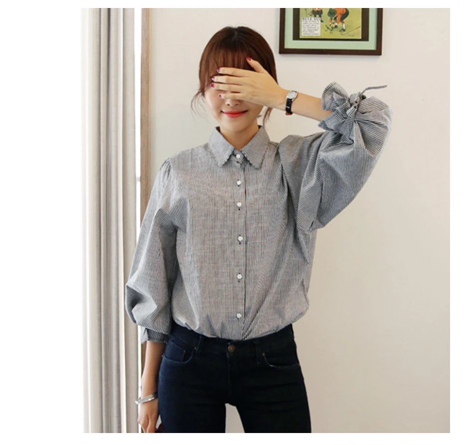 TissarLG Women shirt 2017 New Fashion Striped Lantern Sleeve Turn-down Collar Bow Long sleeve Blouse Women Top cloth TissarLG Women shirt 2017 New Fashion Striped Lantern Sleeve Turn-down Collar Bow Long sleeve Blouse Women Top cloth