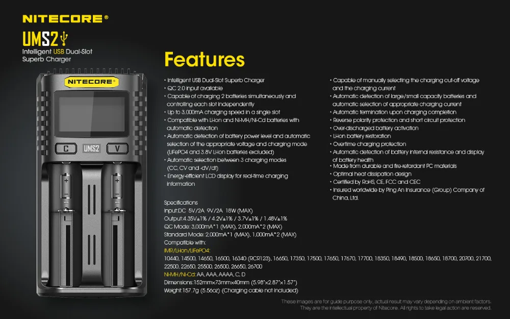 NITECORE UMS2 UMS4 Intelligent Battery Charger USB Output 3A for LiFePO4 Lithium Ion Ni-MH NiCd 18650 10350 10440 10500 NITECORE UMS2 UMS4 Intelligent Battery Charger USB Output 3A for LiFePO4 Lithium Ion Ni-MH NiCd 18650 10350 10440 10500