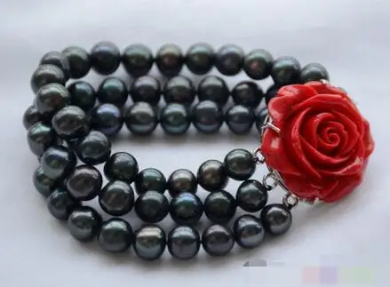 

FREE SHIPPING>>>@@ 3739 3row black round freshwater pearl bracelet