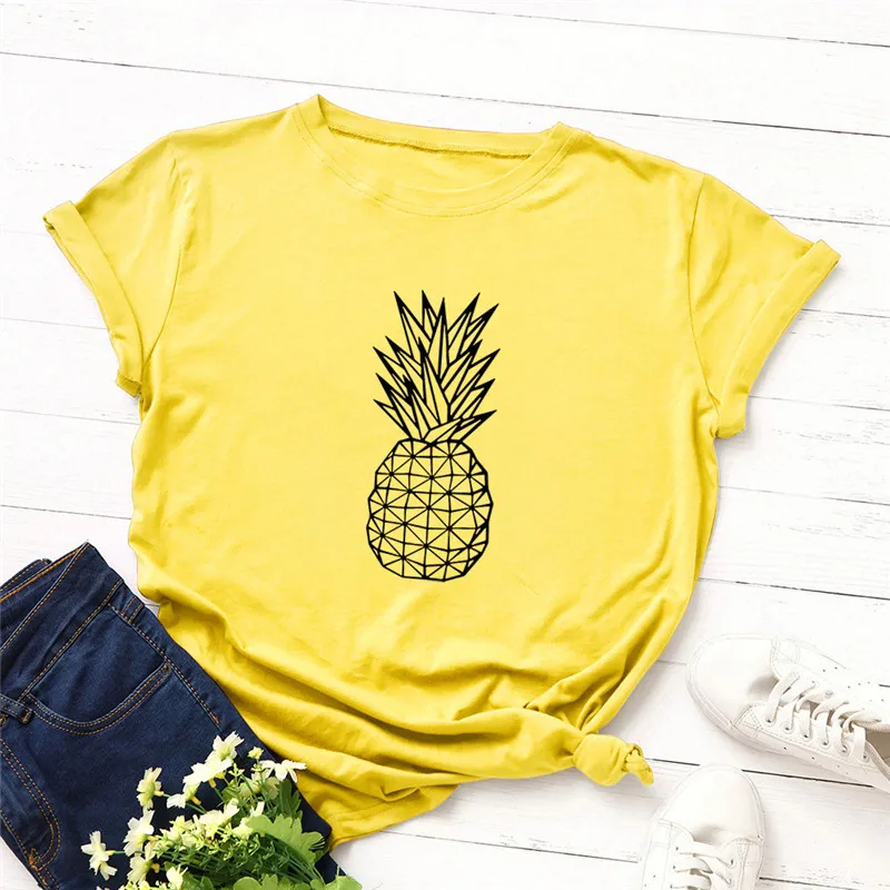 Модная футболка с принтом ананаса размера плюс S-5XL, женские футболки, хлопок, круглый вырез, короткий рукав, летняя футболка, топы, Повседневная футболка