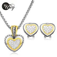UNY 2015 hot selling 18K gold crystal zircon heart necklace earring design women jewelry set fashion jewelry best valentine gift