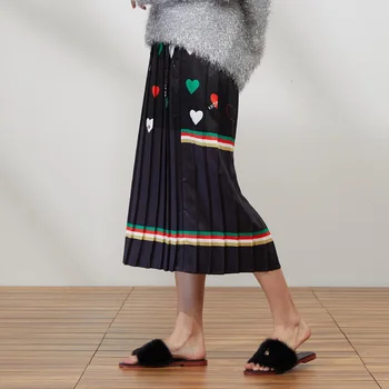 

2018 Spring autumn England Style Woman temperament Europe America Love print Pleated Skirt Vintage Empire elegant Woman Skirt
