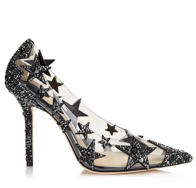 

2019 Spring Hot Selling high Heel Shoe Sexy Five-pointed Stars Thin Heels Wedding Shoe Woman Crystal Embellished PVC Heels