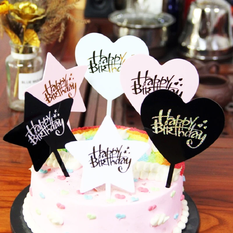 

New Pentagram Love Heart Acrylic Letter Cake Topper Happy Birthday Top Flag Cake Decorations Baby Shower Party Wedding Supplies